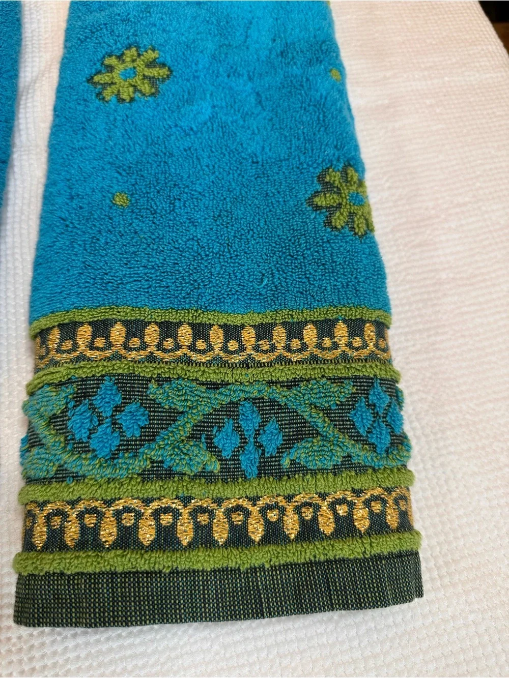 Vintage Callaway 3 pc bath towel hand towel set 60’s 70’s MCM blue green gold